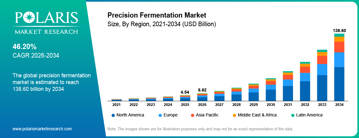 Precision Fermentation Market Size By Region 2021 - 2034 (USD Billion)